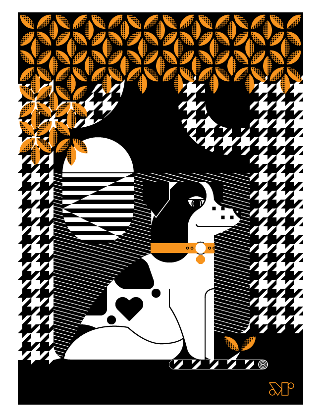 Eddy screen print in orange and black depicts a dog with heart shaped spot and favorite stick enjoying a sunset.