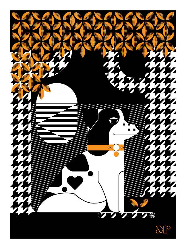Eddy screen print in orange and black depicts a dog with heart shaped spot and favorite stick enjoying a sunset.