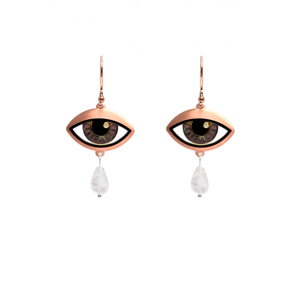 Ersa eye earrings on copper ear hooks in gold and antique copper with brown enamel iris and rainbow moonstone teardrops.