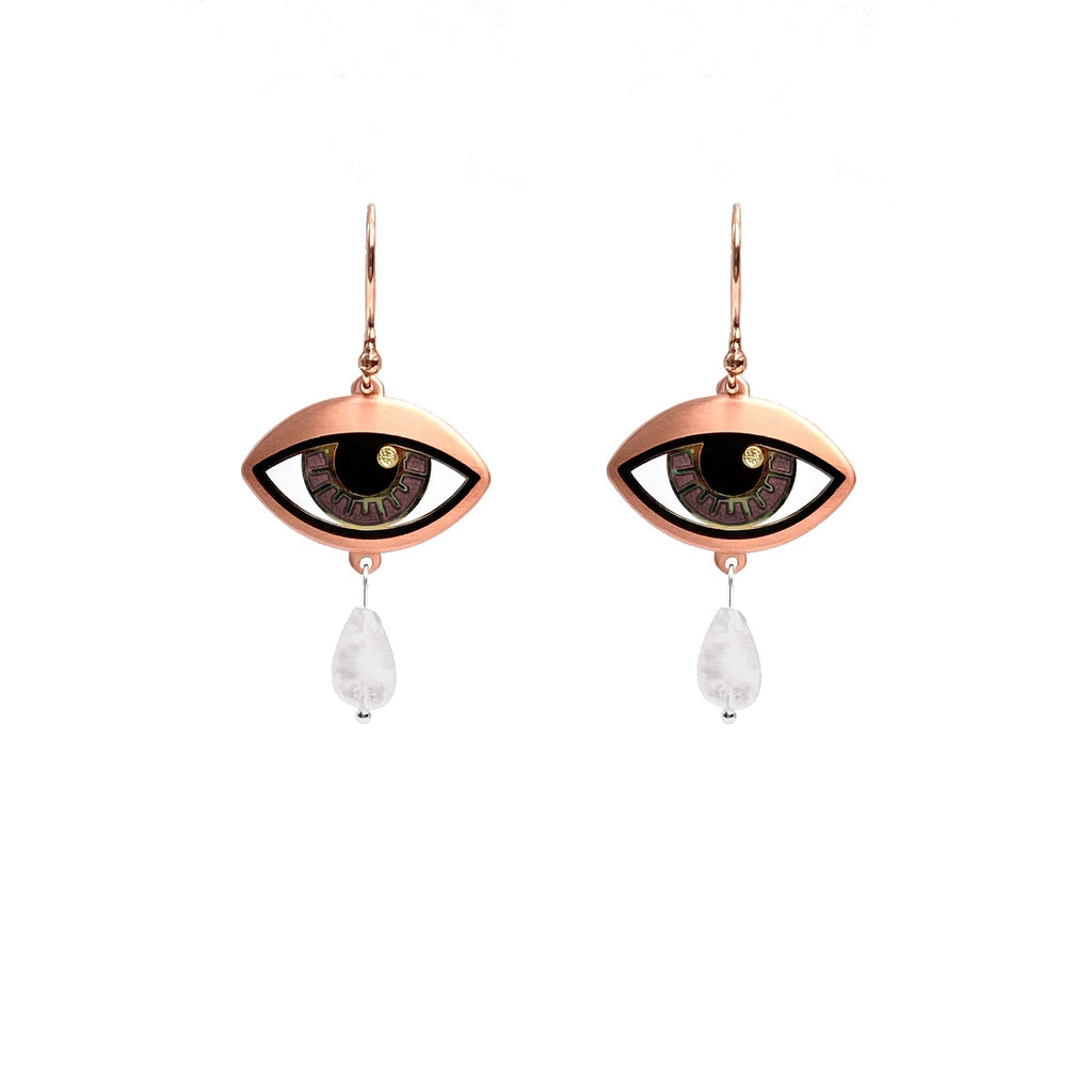 Ersa eye brown enamel earrings seconds in gold and antique copper with rainbow moonstone teardrops.