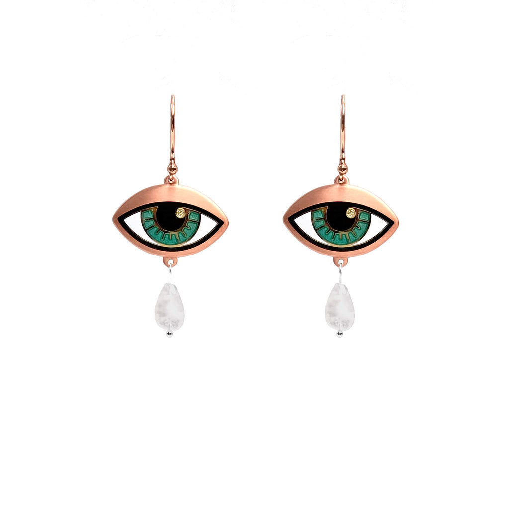 Ersa eye earrings on copper ear hooks in gold and antique copper with jade blue enamel iris and rainbow moonstone teardrops.