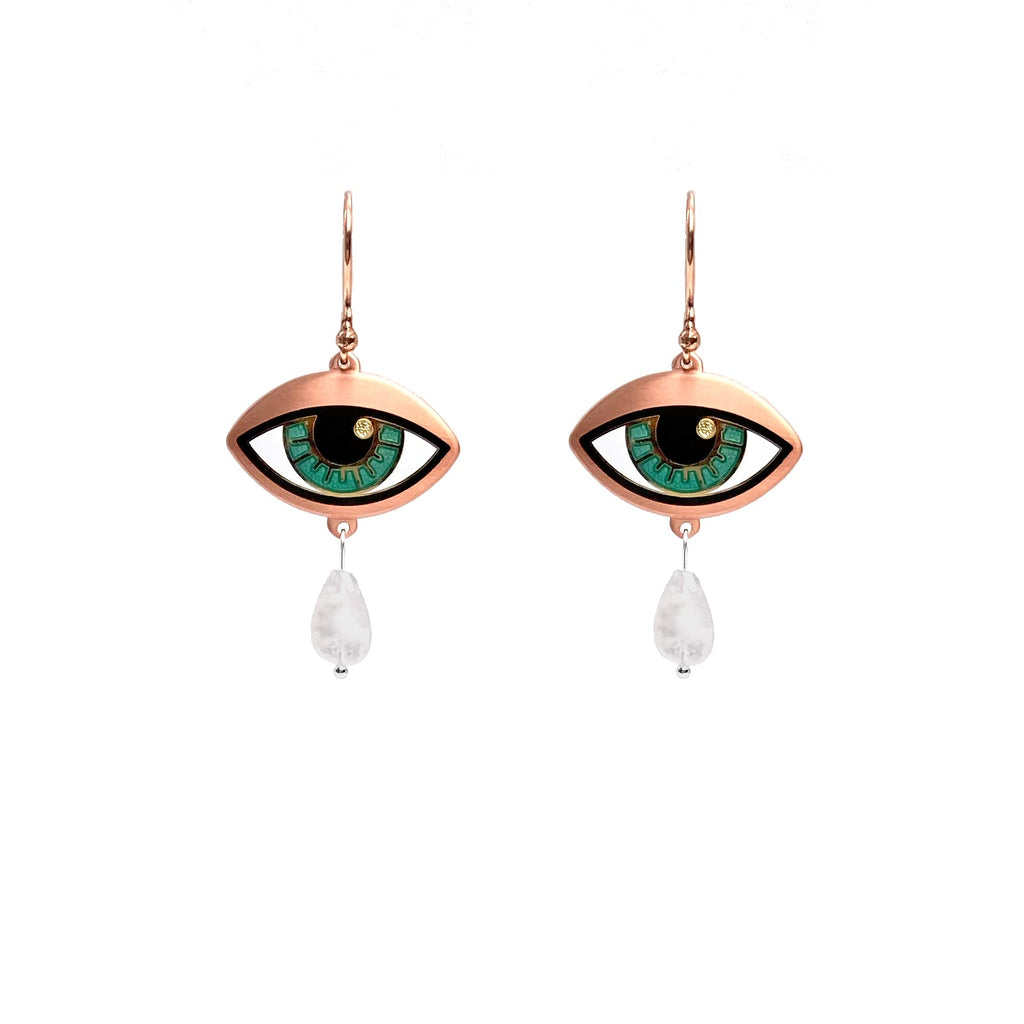 Ersa eye jade blue enamel earrings seconds in gold and antique copper with a custom double rainbow moonstone teardrops.