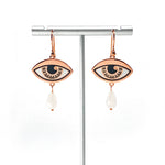 Ersa eye brown enamel earrings seconds in gold and antique copper with a custom double rainbow moonstone teardrops.