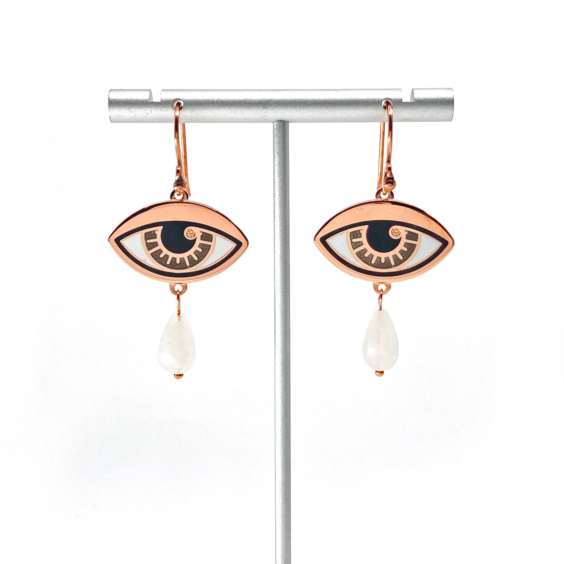 Ersa eye brown enamel earrings seconds in gold and antique copper with a custom double rainbow moonstone teardrops.