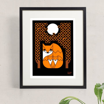 Foxsimile screen print in orange and black. Shows a fox and cub peering out from their forest den under a full moon.