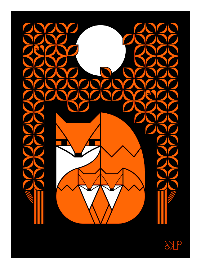 Foxsimile digital print in orange and black. Shows a fox and cub peering out from their forest den under a full moon.