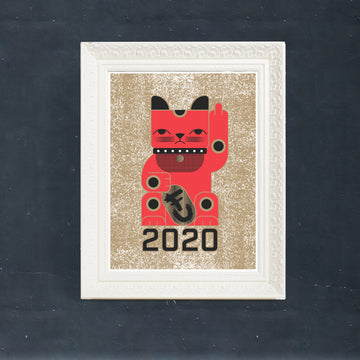 Goodbye Kitty 2020 risograph in fuchsia, gold and black. Depicts a grumpy maneki neko rudely gesturing away 2020.