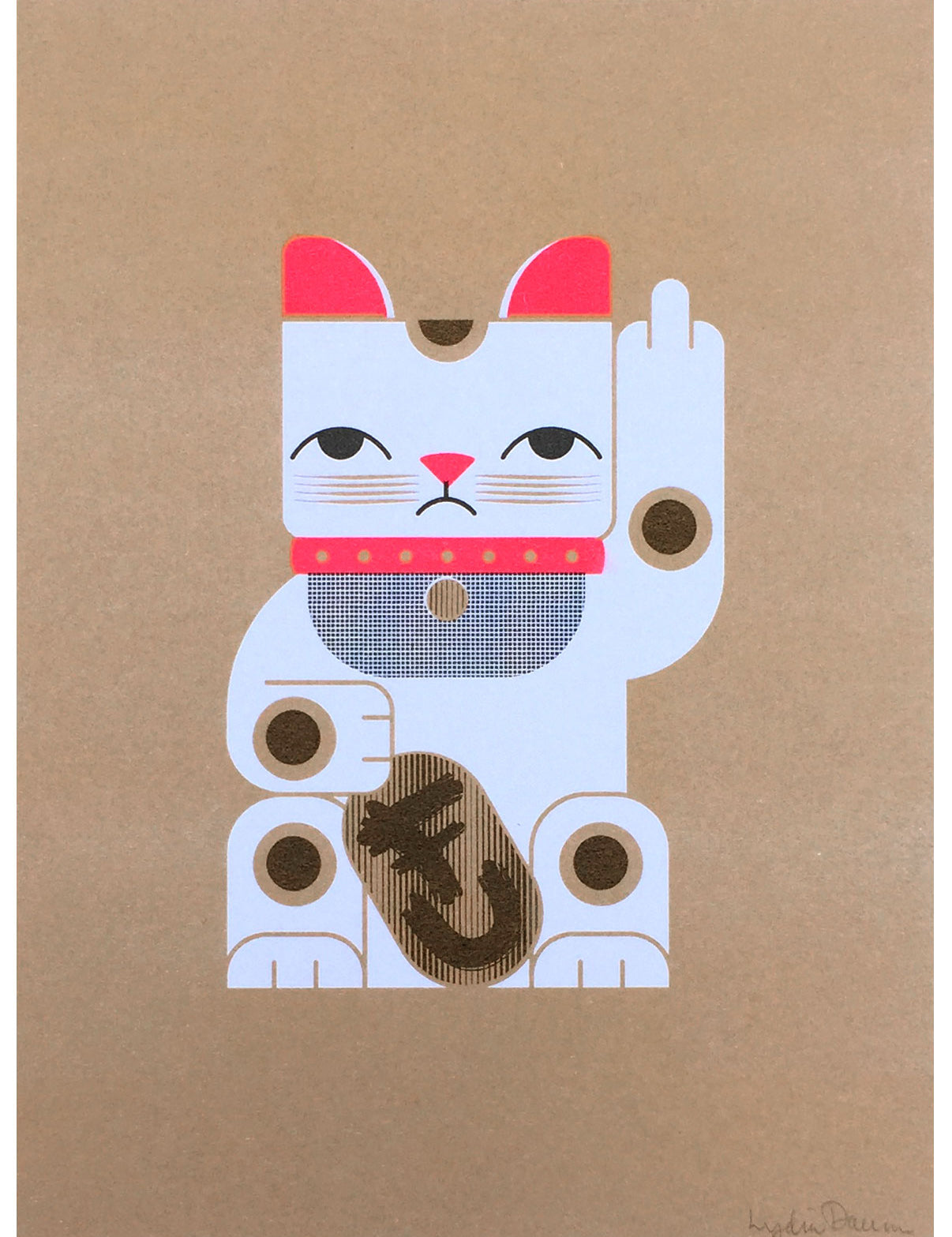 Goodbye Kitty risograph in fuchsia, gold and black. Depicts a grumpy maneki neko rudely gesturing.