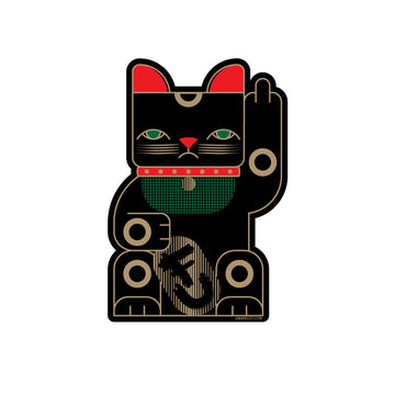 Goodbye Kitty black vinyl sticker with red, gold and green. Shows a maneki neko rudely gesturing.
