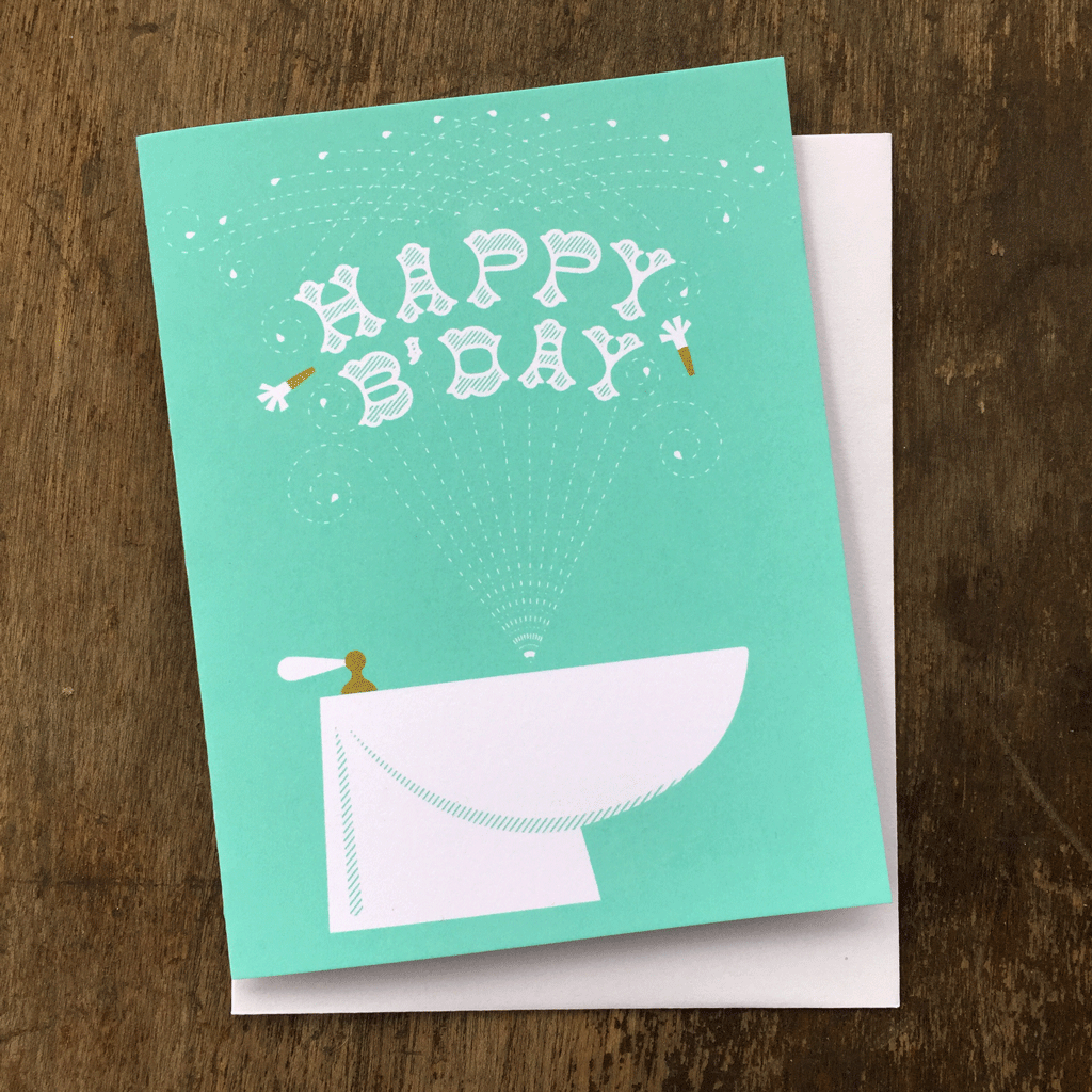 Happy B'day greeting card in light blue and gold with bidet pun.