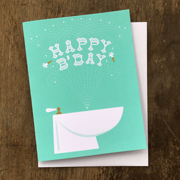 Happy B'day greeting card in light blue and gold with bidet pun.