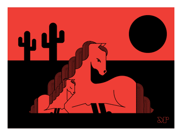 Foal Moon digital print. Depicts a horse and foal enjoying a desert sunset behind saguaro cactus.