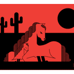 Foal Moon screen print. Depicts a horse and foal enjoying a desert sunset behind saguaro cactus.