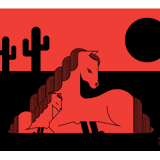 Foal Moon screen print. Depicts a horse and foal enjoying a desert sunset behind saguaro cactus.