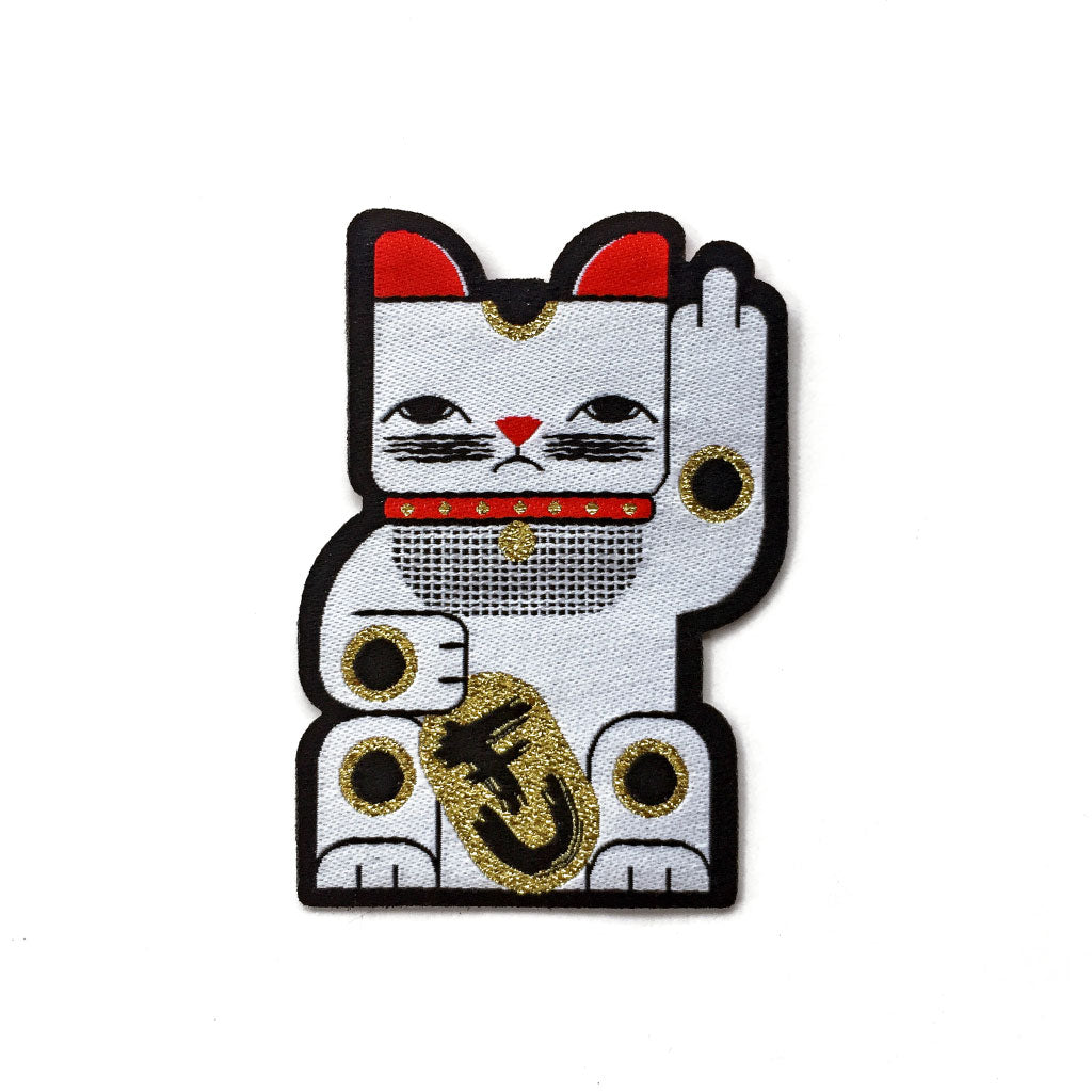 Goodbye Kitty white woven patch with red, gold and black. Shows a grumpy maneki neko rudely gesturing.
