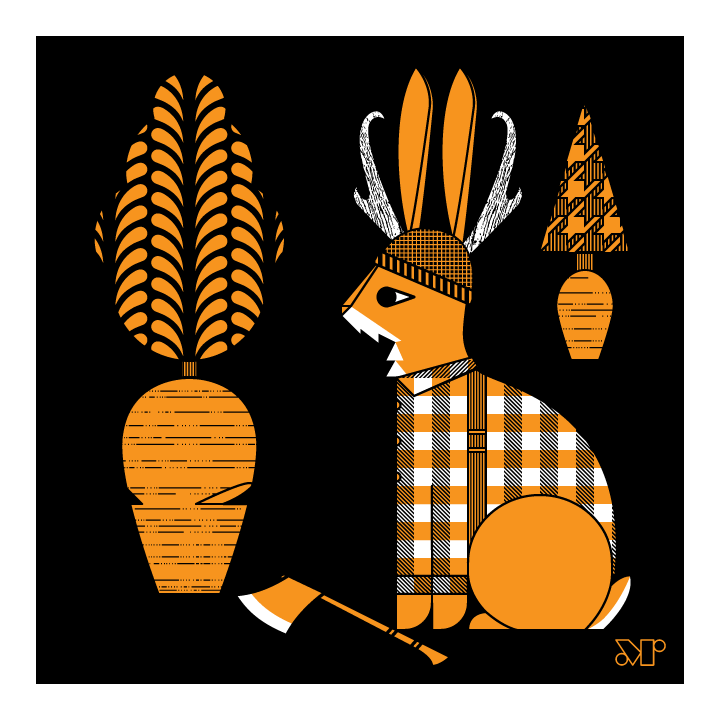 Lumberjackalope screen print in orange and black. Depicts a lumberjack jackalope cutting carrots.