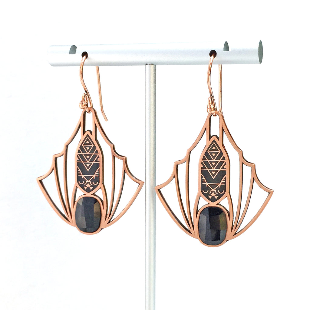 Minyades bat earrings seconds in antique copper. Wirework style wings, black enamel body and black siofourite crystals.