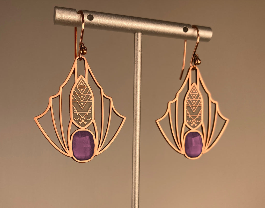 Minyades bat earrings in antique copper. Wirework style wings, black enamel body and amethyst purple siofourite crystals.