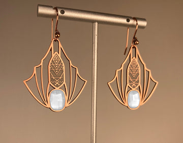 Minyades bat earrings in antique copper. Wirework style wings, black enamel body and white hand-frosted siofourite crystals.