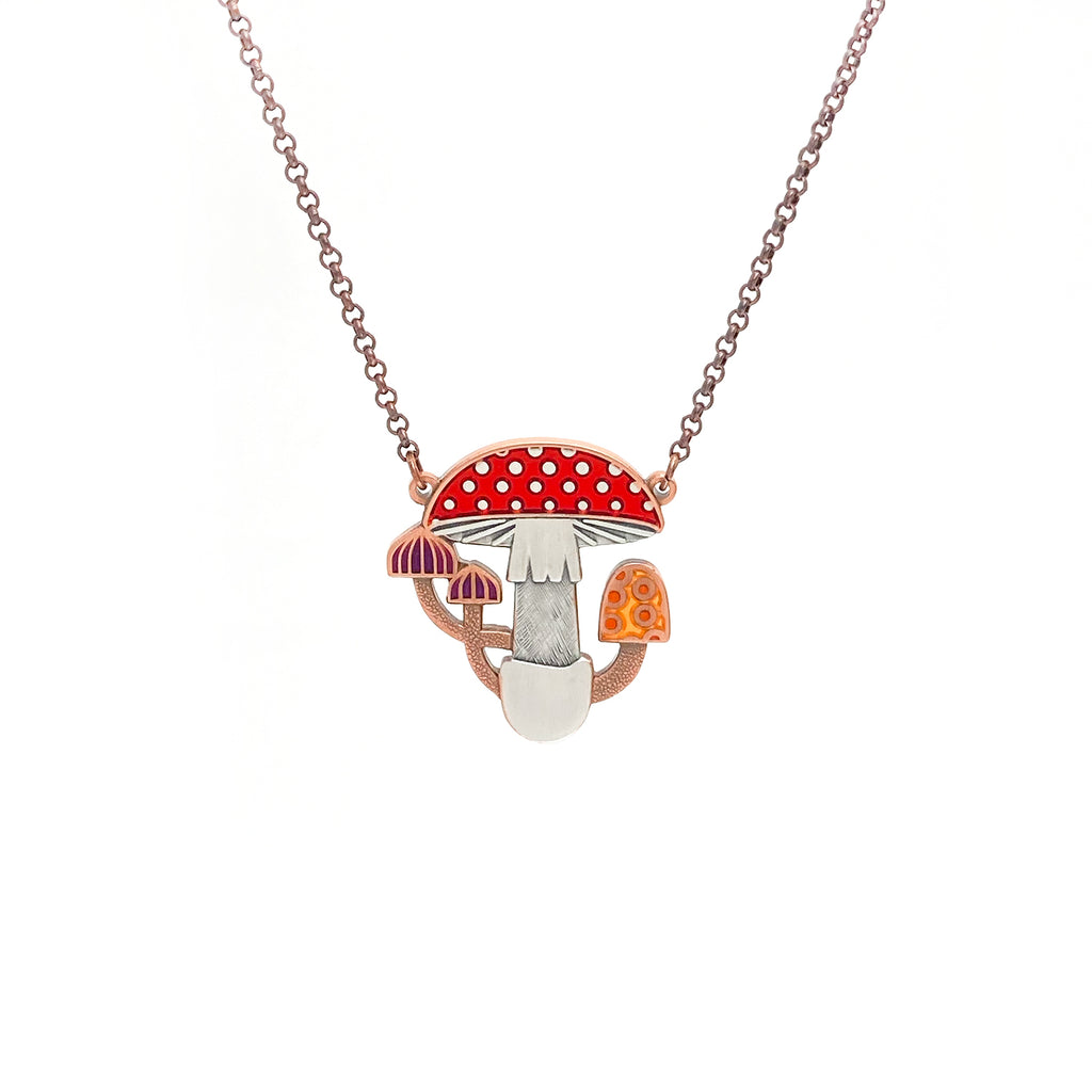 Mycelia mushroom necklace in antique copper and silver with red, purple and orange enamel.