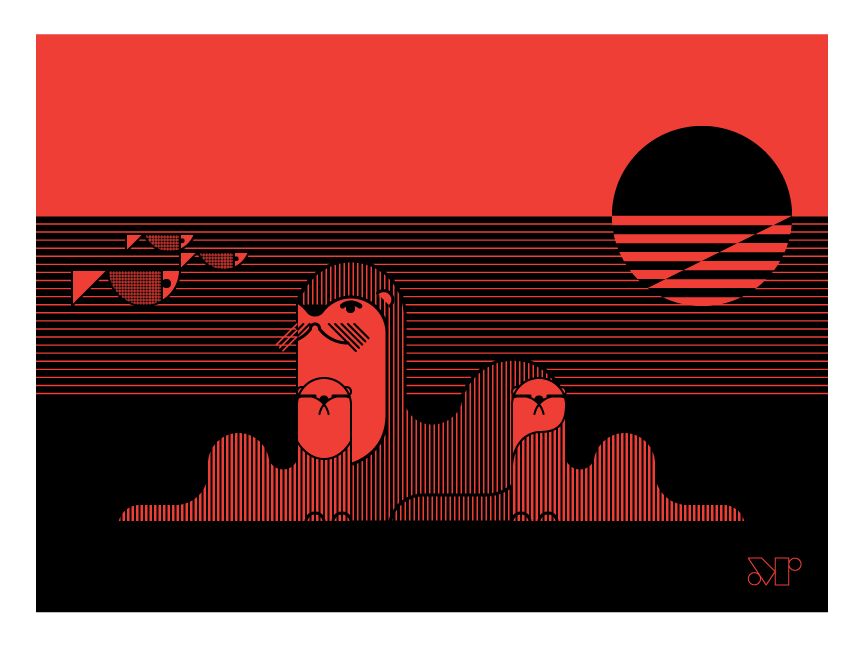 An Otter Day In Paradise screen print, showing three otters relaxing on the beach during sunset.