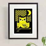 Doux Hiboux screen print in yellow and black depicts an owl with two owlets perched in a tree under a crescent moon.