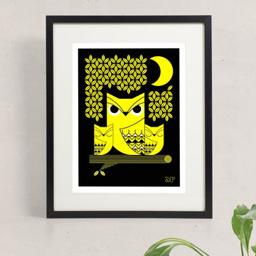 Doux Hiboux screen print in yellow and black depicts an owl with two owlets perched in a tree under a crescent moon.