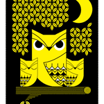 Doux Hiboux screen print in yellow and black depicts an owl with two owlets perched in a tree under a crescent moon.