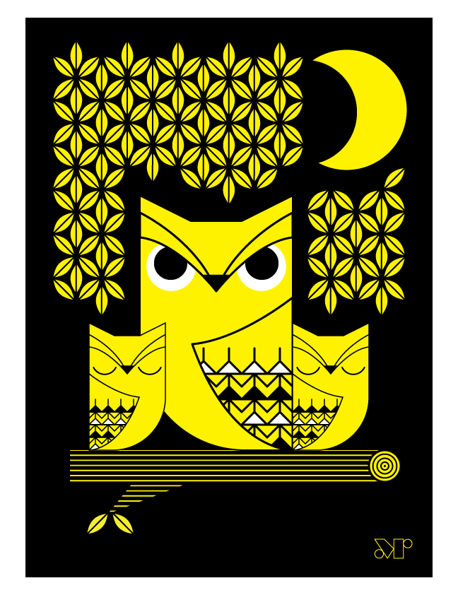 Doux Hiboux screen print in yellow and black depicts an owl with two owlets perched in a tree under a crescent moon.