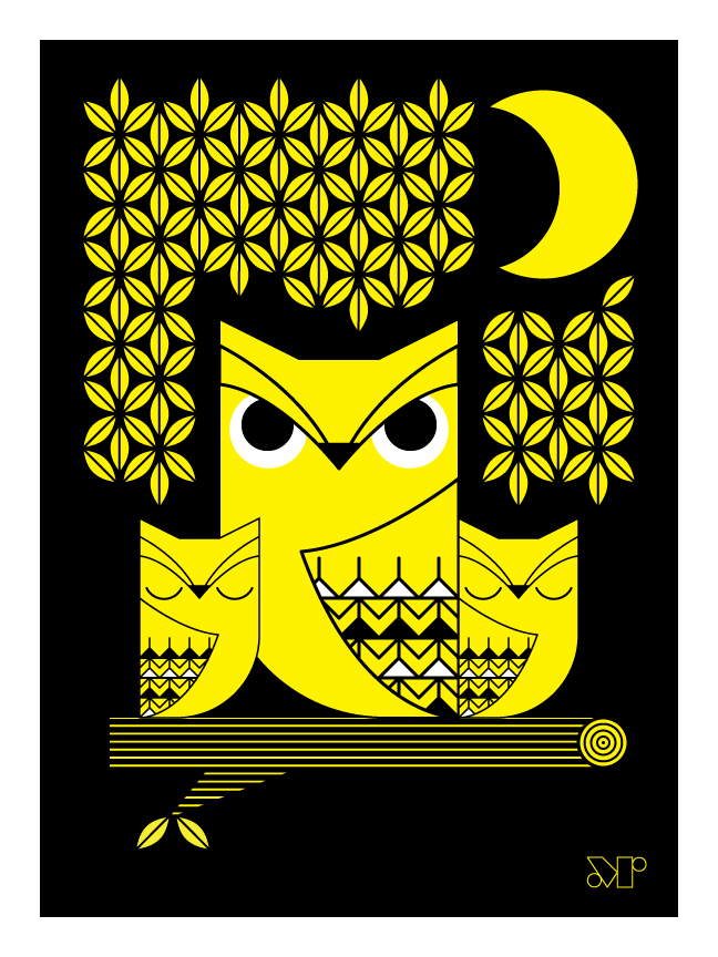 Doux Hiboux screen print in yellow and black depicts an owl with two owlets perched in a tree under a crescent moon.