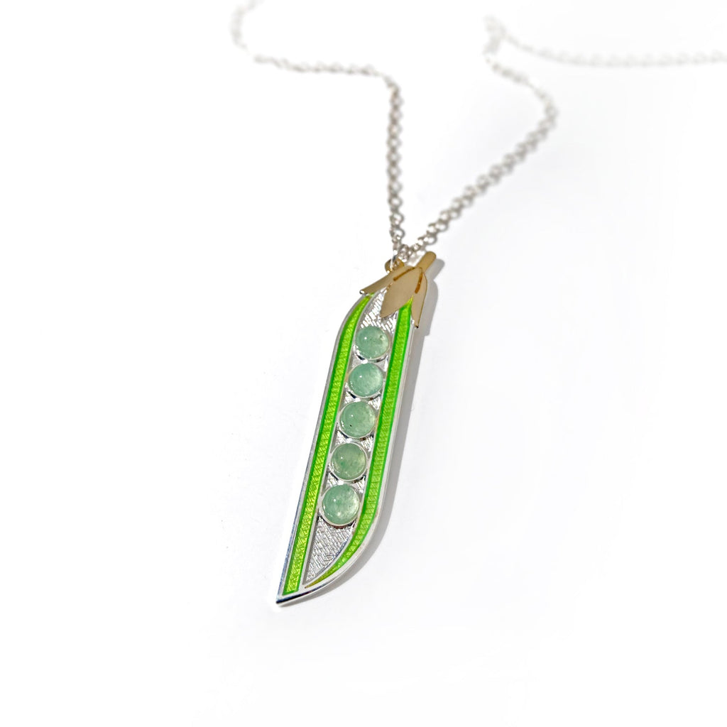 Pea pod necklace finished in 24k and sterling silver, with 5 green aventurine cabochon peas and silver chain.