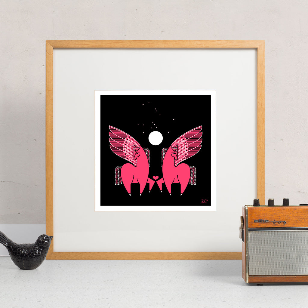 I Love You Peggy Sues screen print in black, pink and white. Shows two pegasuses supporting a heart between them.