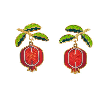 Pomegranate enamel earrings seconds finished in 24k gold and sterling silver. Green leaf branch studs and red fruit dangle.