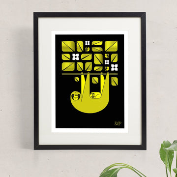 Slothlorien screen print in yellow and black. Shows a sloth with cub hanging from a tree branch with leaves.