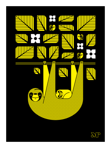 Slothlorien digital print in yellow and black. Shows a sloth with cub hanging from a tree branch with leaves.