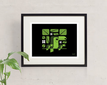 One Can, Toucan, Three Can screen print in green and black. Shows a toucan and her fledglings perched among jungle leaves.
