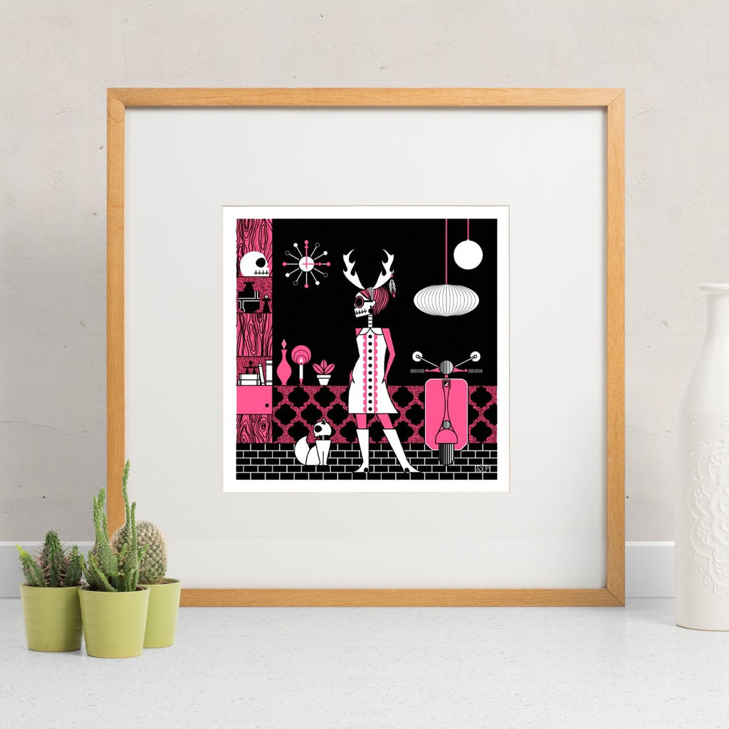 Wendigo-go screen print in fuchsia, black and white. Shows a wendigo go-go dancer among 60's decorations. Shown on wall.