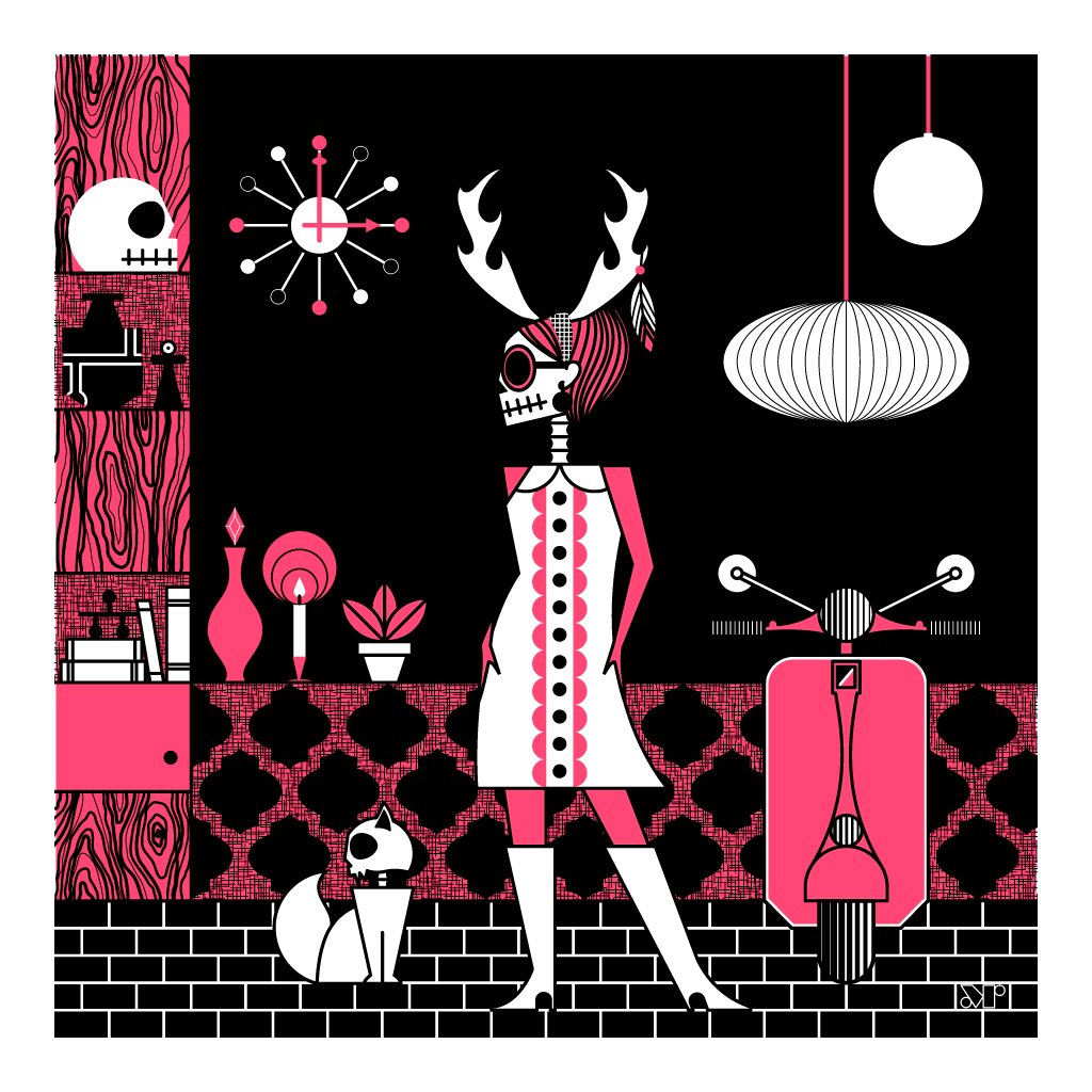 Wendigo-go screen print in fuchsia, black and white. Shows a wendigo go-go dancer among 60's decorations.