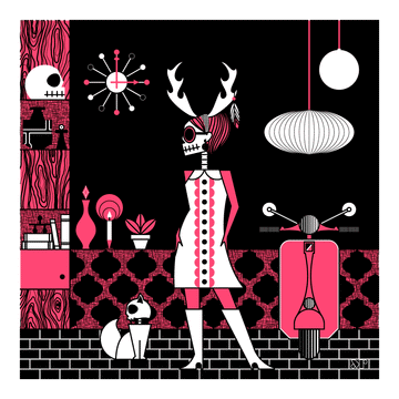 Wendigo-go digital print in fuchsia, black and white. Shows a wendigo go-go dancer among 60's decorations.